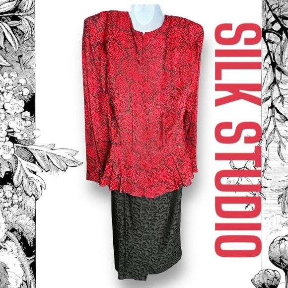 Silk Studio Women's Patterned Long Sleeve Vintage Peplum Dress Red Black Sz 12 - Picture 2 of 9